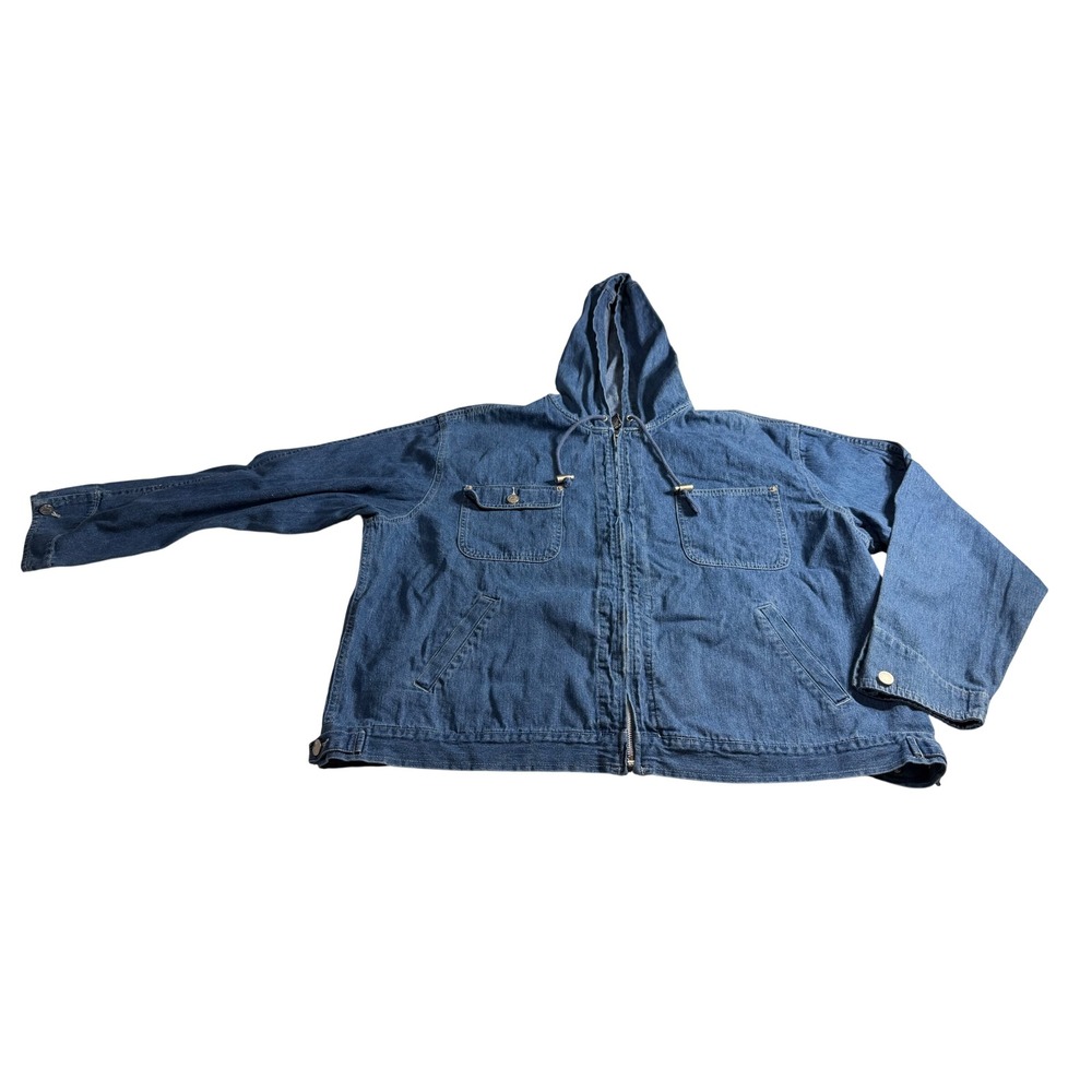 Denim & Co Womens 2X Blue Cotton Zip Front Hooded Denim Jacket Medium Wash